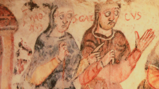 Fresko des 10. Jahrhunderts in der Krypta der Kirche St. Mang in Füssen - Magnus und sein Lehrer Gallus