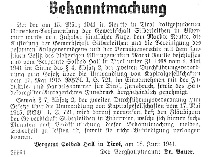 auflösung gewerkschaft silberleithen biberwier