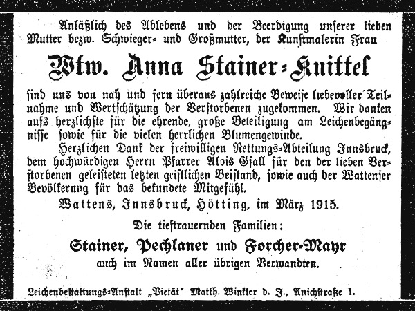 Danksagung - Innsbrucker Nachrichten vom 5. März 1915