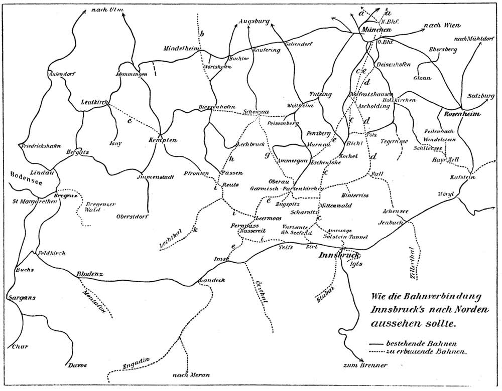 Skizze der zu erbauenden Bahnstrecken - Innsbrucker Nachrichten vom 17. November 1898