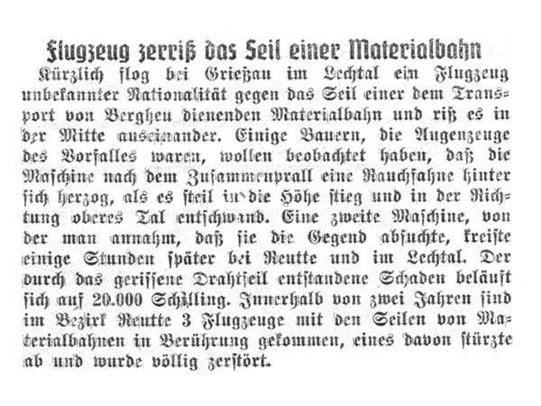 flugzeug zerriss seil einer materialbahn grießau bergheu häselgehr
