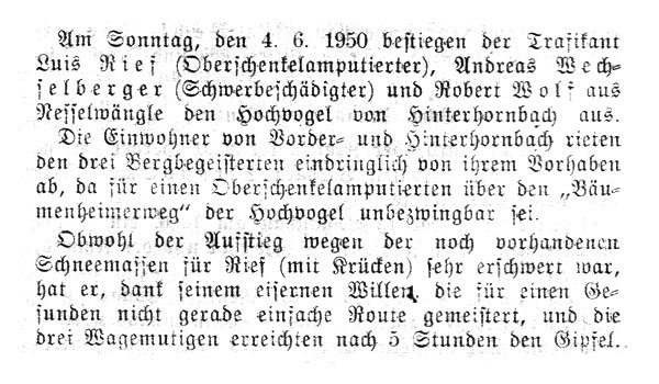 1950 - invalide, hochvogel, gipfelstürmer, krücken, bäumenheimerweg, gipfel, schneemassen, eiserner willen