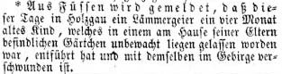 Zeitungsmeldung Wiener Zeitung vom 6. Juni 1854 - Lämmergeier entführt in Holzgau ein drei Monate altes Kind