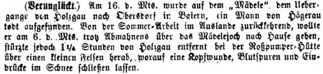 Mädelejoch - ein Mann stirbt beim Übergang über das Mädelejoch durch Erfrieren