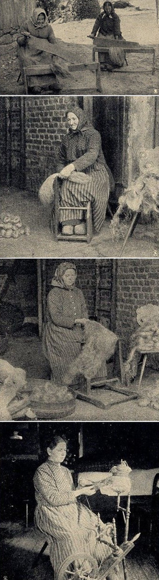 Flachsbearbeitung um 1910 - Brecheln, Schwingen, Hecheln, Spinnen